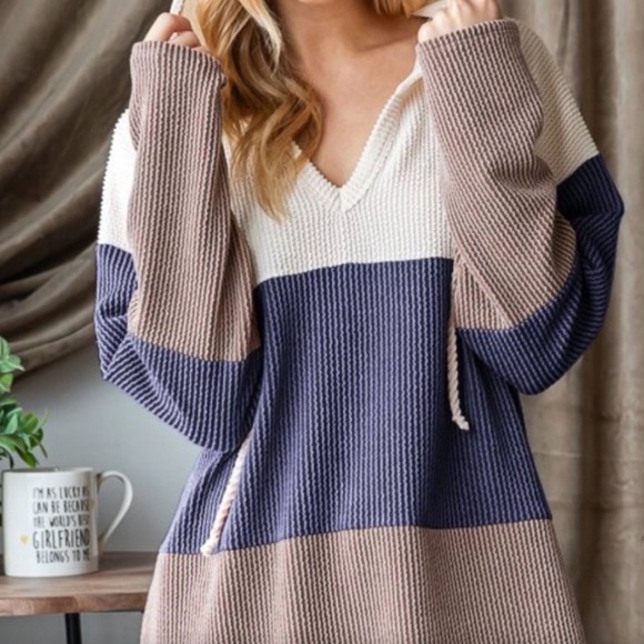 HEIMISH USA Colorblock Hoodie in Cream, Blue, and Tan - Picture 2 of 2